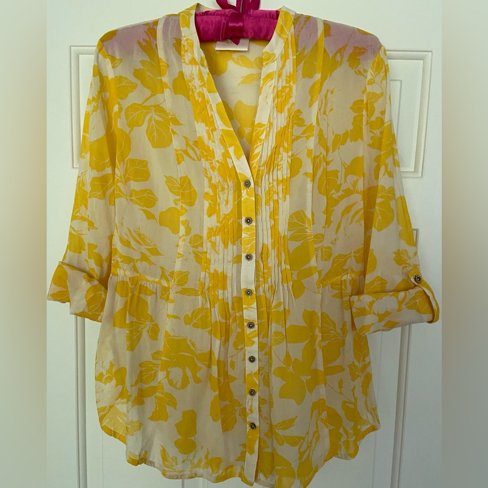ANTHROPOLOGIE Maeve Yellow Printed Button Down Blouse